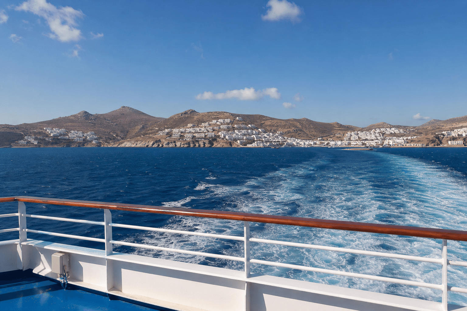 View of a Cyclades island approaching from the deck of a ferry.