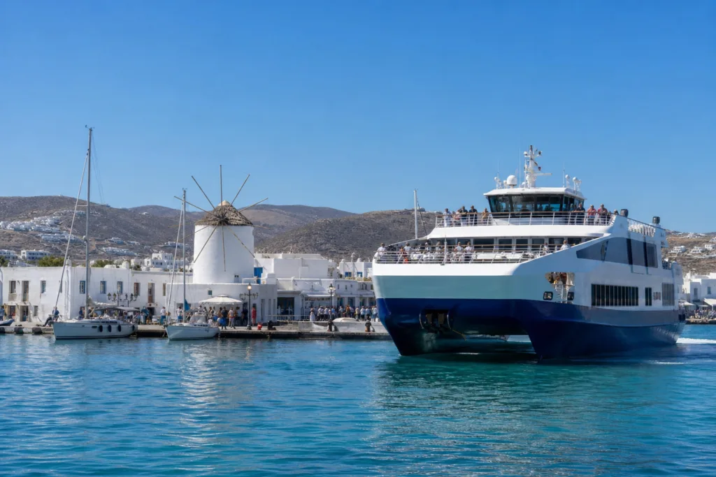 Ferry arrivals at the port of Parikia on Paros