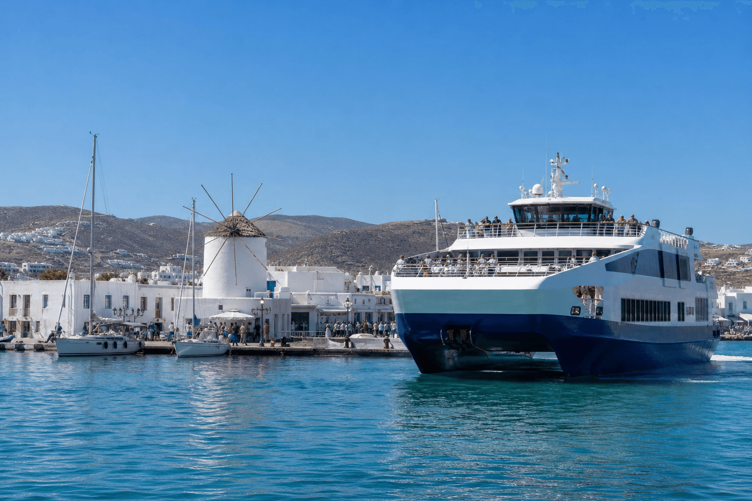 A ferry arriving at Parikia port on Paros, with the island's iconic windmill.