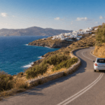 Rental car driving on a scenic coastal road in Paros, Greece