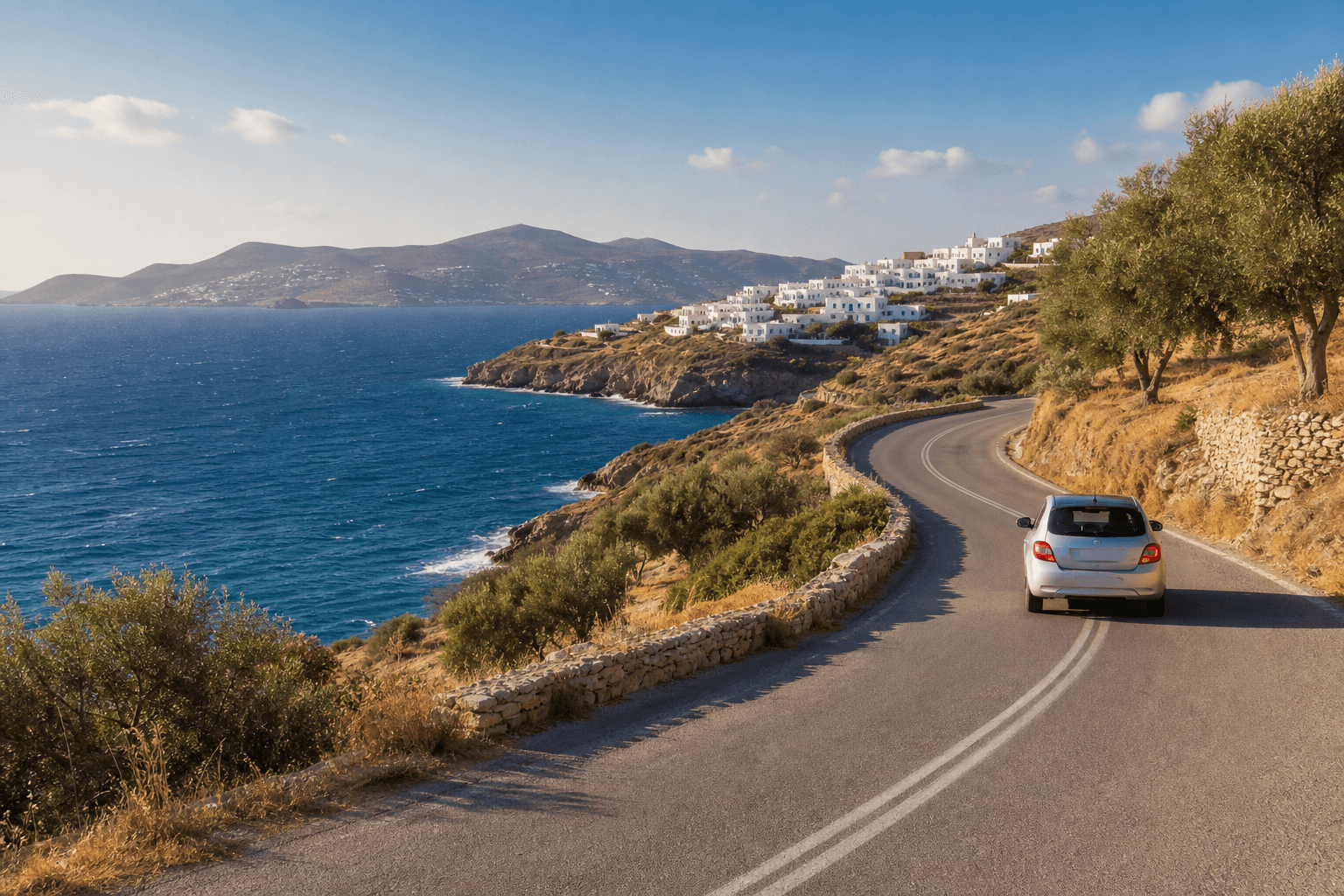 A rental car on the scenic coastal road between Paros villages.